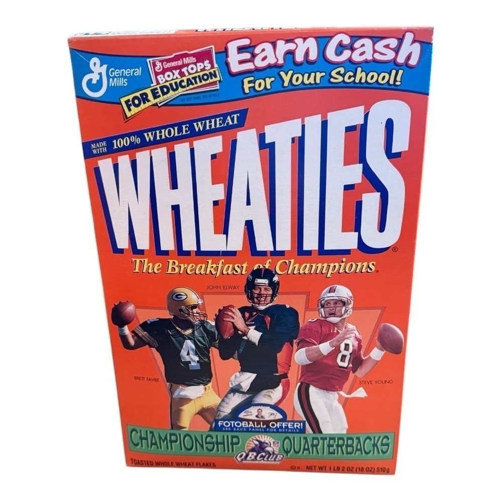 General Mills Wheaties cereal box from 1995 featuring three NFL quarterbacks.